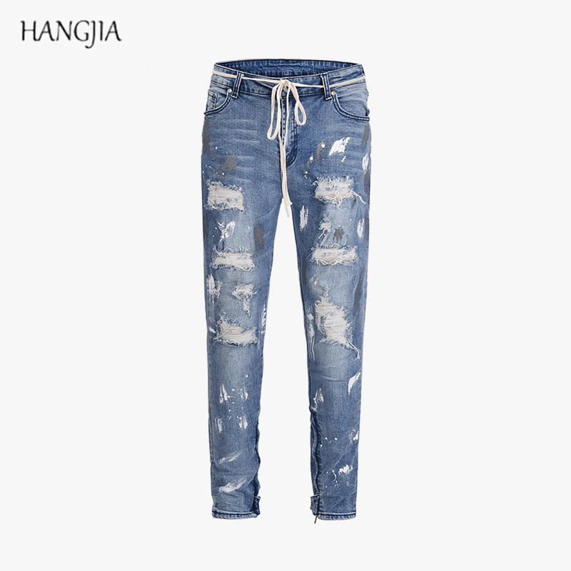 

Men's Paint Destroyed Hole Jeans Europe America Hip-hop Splash Ink Effect Bottom Button Zipper Wash Skinny Stretch Denim Pants, Blue