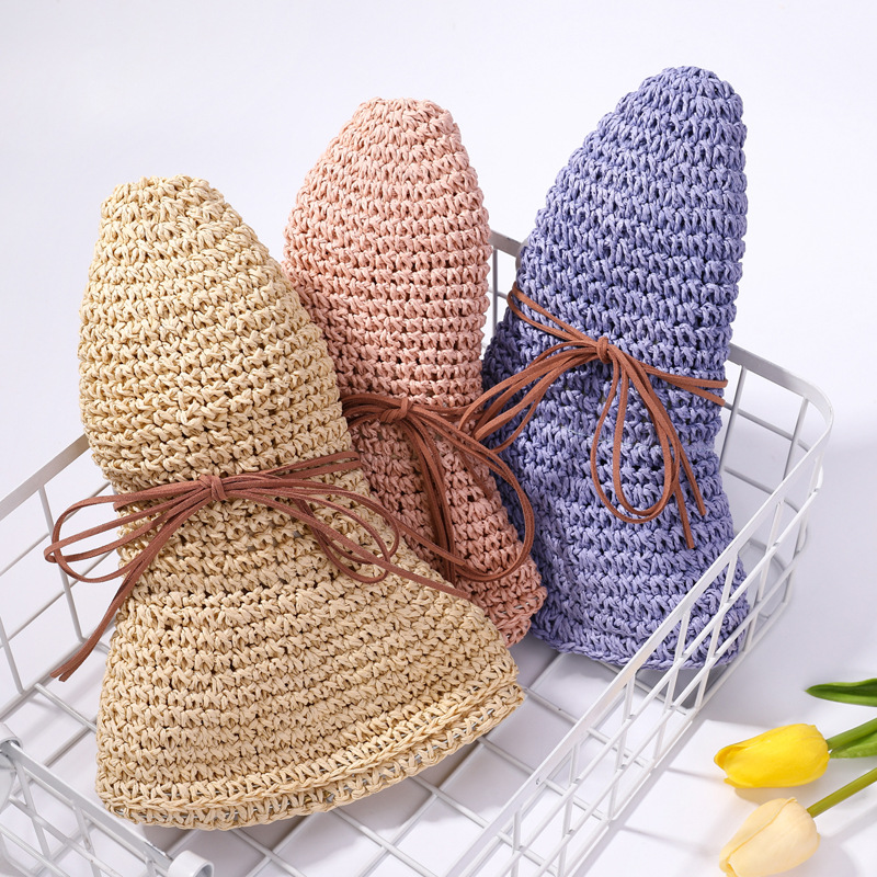 

Woven Straw Hat Bow Handmade Broad-Brimmed Hat Travel Sun Beach Sunbonnet Sun Hats For Women
