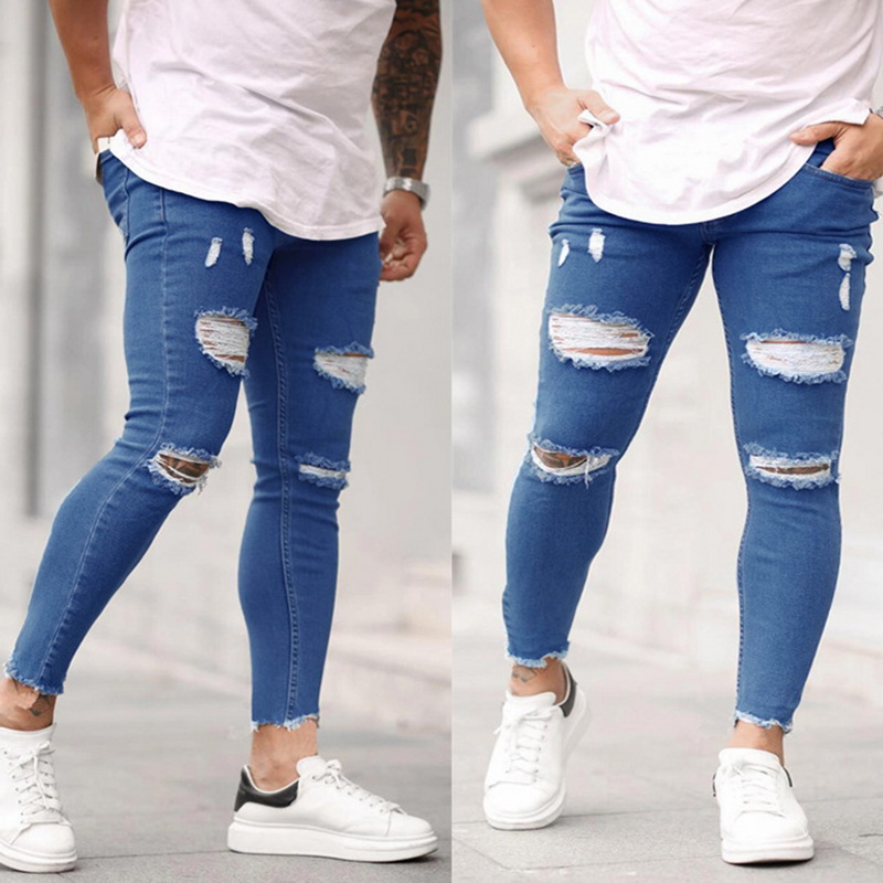 

2020 Mens Jeans Skinny Stretchy Denim Pants Streetwear Straight Leg Jeans Hip Hop Denim Trouser Hole Ripped Distressed, Blue