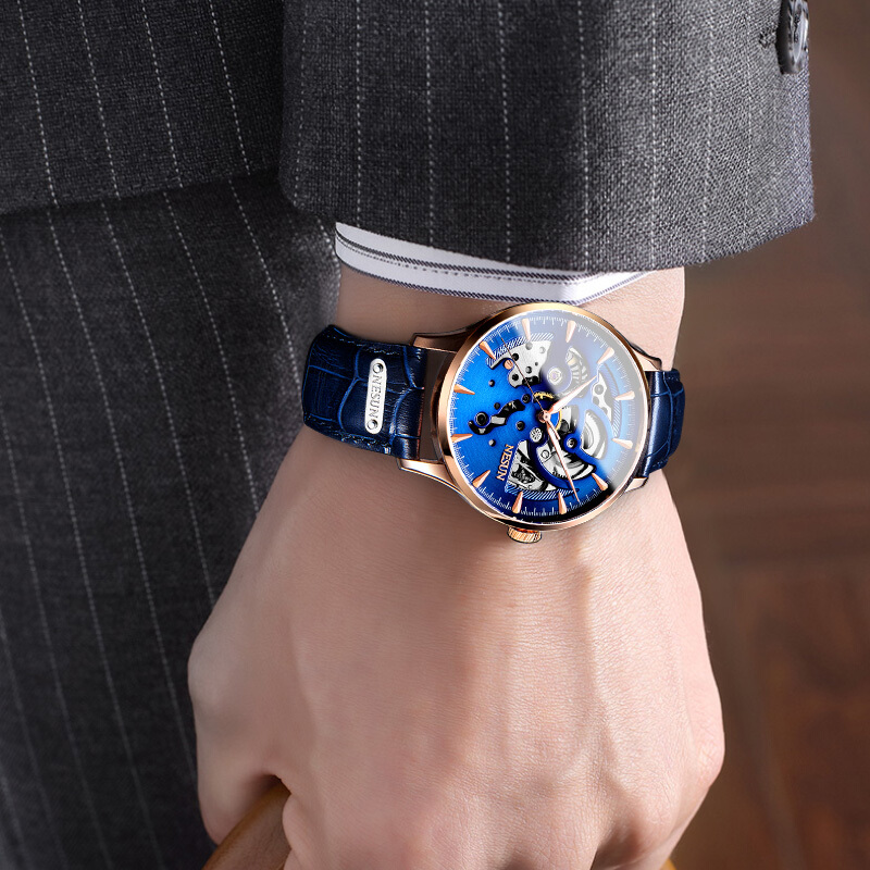 

NESUN Watch Clock Skeleton Watch Automatic Mechanical Luxury Top-Brand Switzerland Men Waterproof Business Hollow Wristwatches, Rosegoldblue