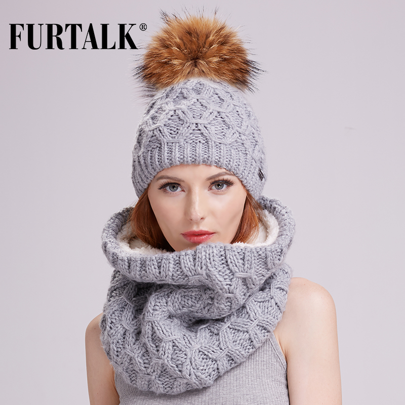 

FURTALK winter women scarf hat set knit wool skullies beanies real fur pom pom hats and infinity scarves for girls, Khaki knit pompom