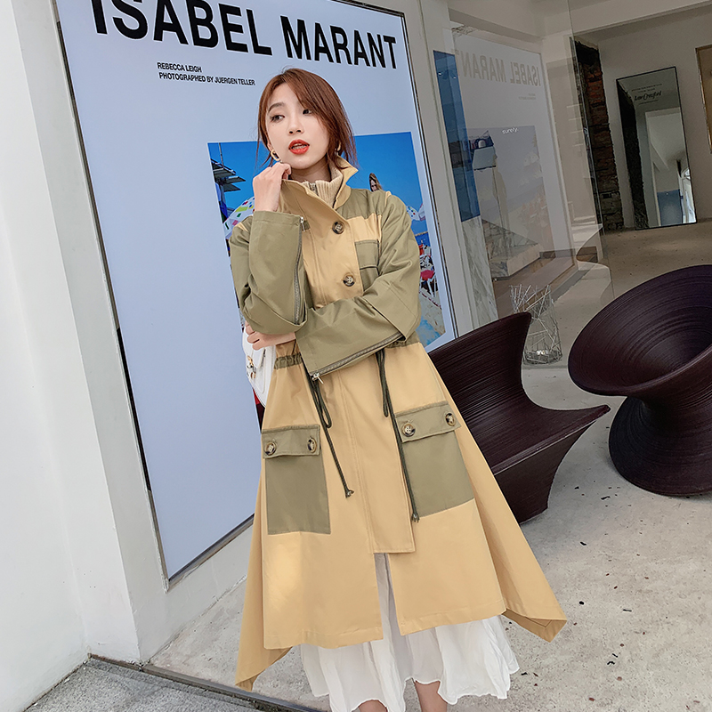 

Celebrity Irregular Double Breasted Turn-down Collar Elastic Waist Trench Coat Elegant Loose Patchwork Long Coat With Pockets