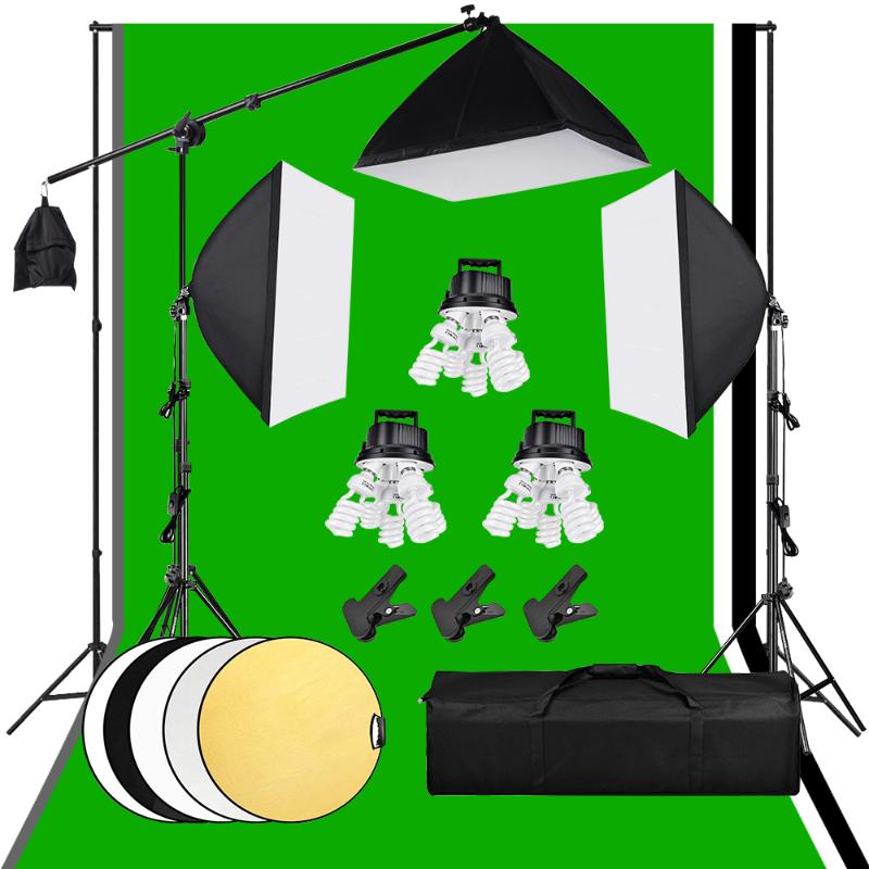 

Photo Studio Lighting Softbox Background Kit E27 5 Socket Lamp Cantilever Boom Arm 4 Backdrops Background Light Stand Reflector