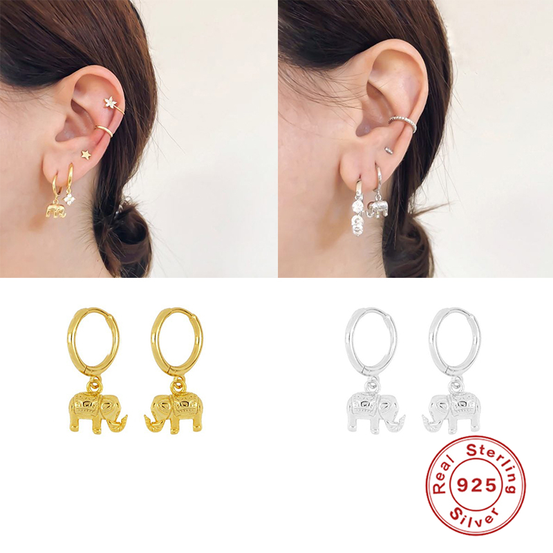 

925 Sterling Silver Hoop Earrings For Women Earring Moon Pendant Elephant Earrings brinco Fine Jewelry oorbellen Couple Gift