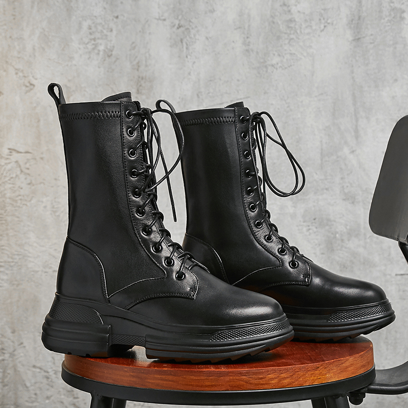 

Women's genuine leather lace-up platform flats Motorcycle boots high quality autumn waarm plush mid-calf boots shoes for women, Black
