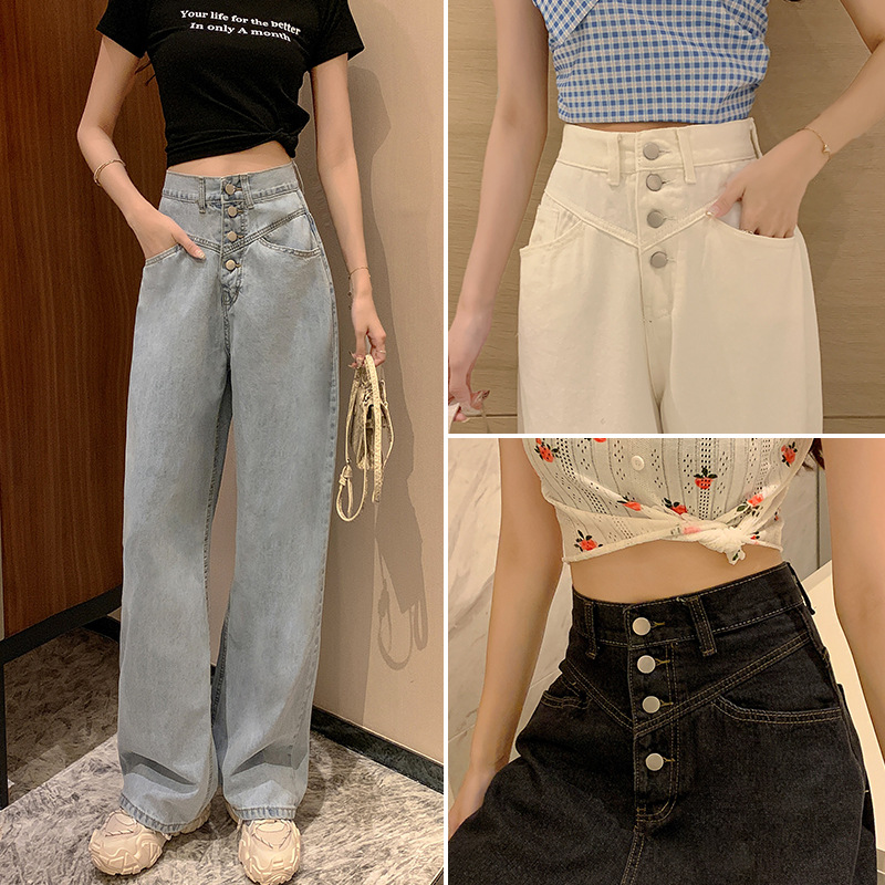 

Wide Leg Jeans Pants Women Loose Straight High Waist Buckle Drape Mopping Pants Trousers Street Solid Color Slim Straight Jeans, Black