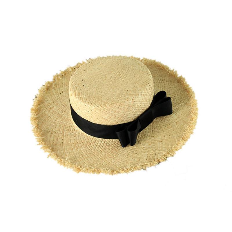 

2020 Summer Foldable Straw Hats Women Handmake Beach Caps Fashion Ribbon Bow Hat, Black knot