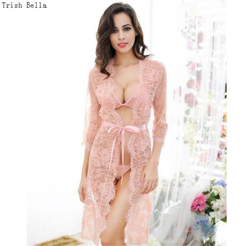 

2020 Lace transparent Lengthen Cardigan belt Sleeve eyelash sexy lingerie robe sets traje conjuntos robe ensembles night dress, Black