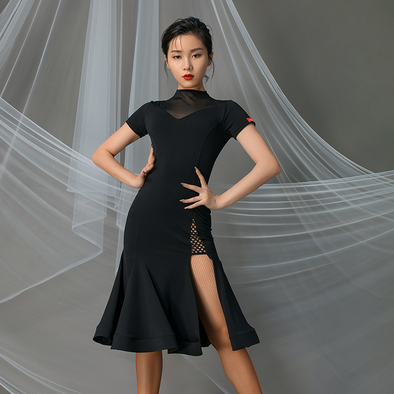 

New Female Latin Dance Clothes For Women Adult Short Sleeve Black Mesh Gauze Practice Dresses Rumba Tango Samba Costumes VO984