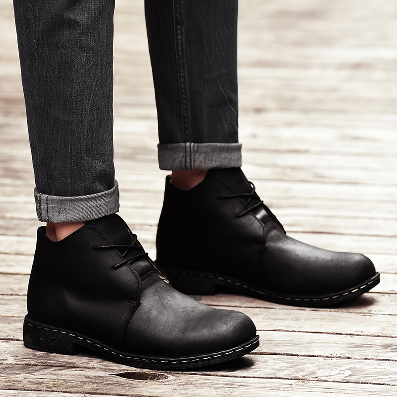 

Genuine Leather Casual Shoes Men ankle Boots Handmade lace up handmade Platform Boots Outdoor Autumn and Winter Shoes Men, Black