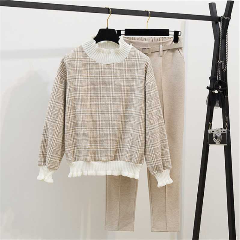 

High Quality Autumn winter Women Loose Plaid Thick Woolen Sweashirt Two piece Set Elastic waist Belt Harem Woolen Pants Outfits, Picture color