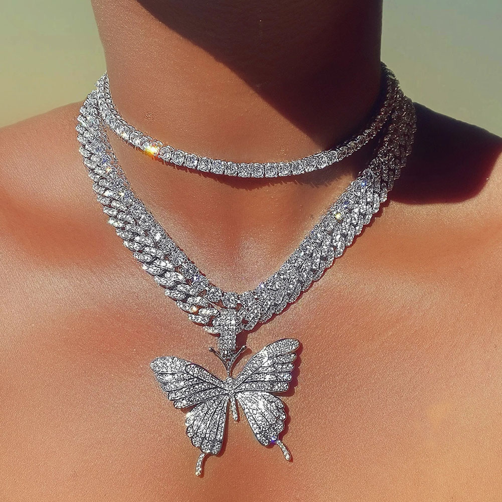 

Cuban Link Chain Choker Necklace Butterfly Pendant for Women Hip Hop Iced Out Rhinestone Necklace Jewelry