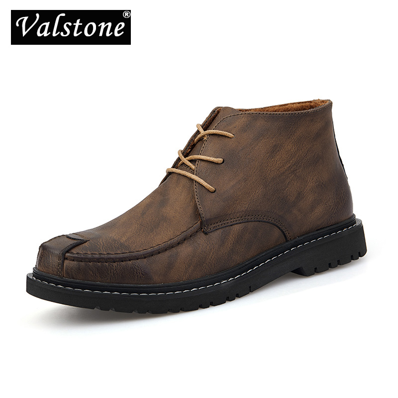 

Valstone Men's Casual Leather Boots male Lace-up Flat High-Top Shoes Outdoor Fashion Breathable Non-slip Botas Spring Autumn New, Black with fur