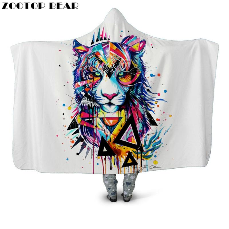 

Animal Hooded Blanket Wearable Fleece Throw Blankets Brand Fashion Geometric Tiger Female Cloak Soft Adult Bedding 3D printing