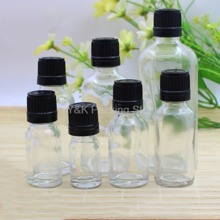 

5ml,10ml,15ml,20ml,30ml,50ml,100ml Empty Clear Glass Bottles Essential Oil Bottle Vials Black Tamperproof Cap