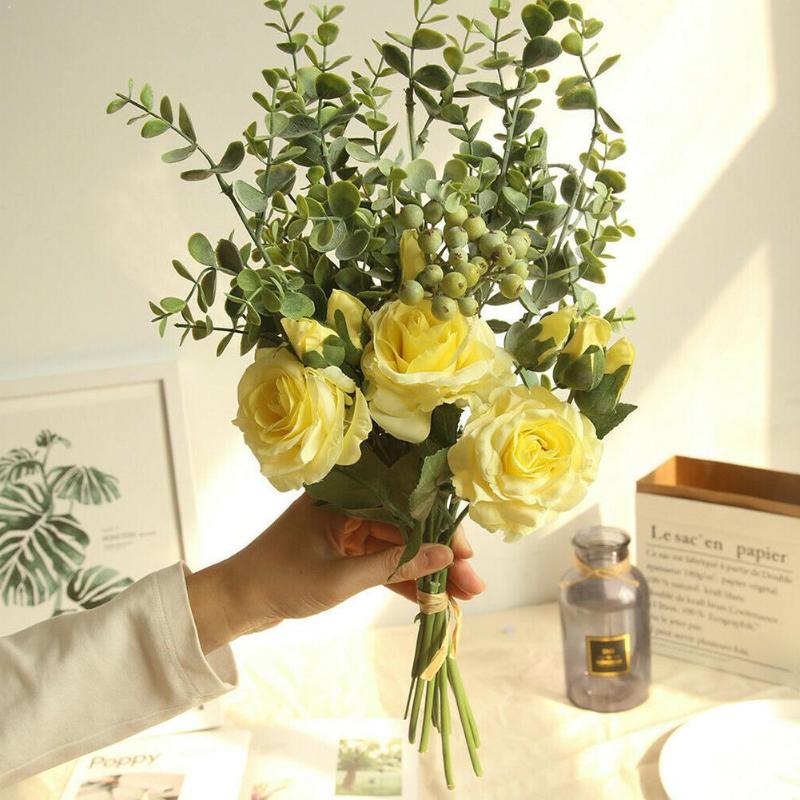 

Rose Eucalyptus Simulation Flower Family Decoration Home Flowers Wall Flowers Wedding Holding Fake Romance Accessories T6B8