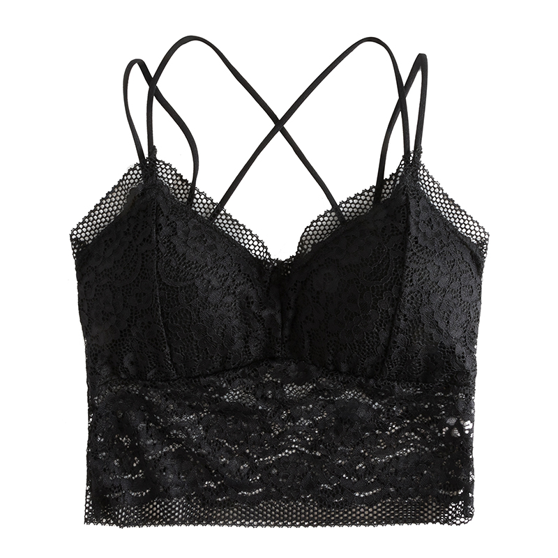 

Cross Beauty Back Lace tube top Bottoming Strap Solid Color Hollow Camisole Sexy Tanks, Black
