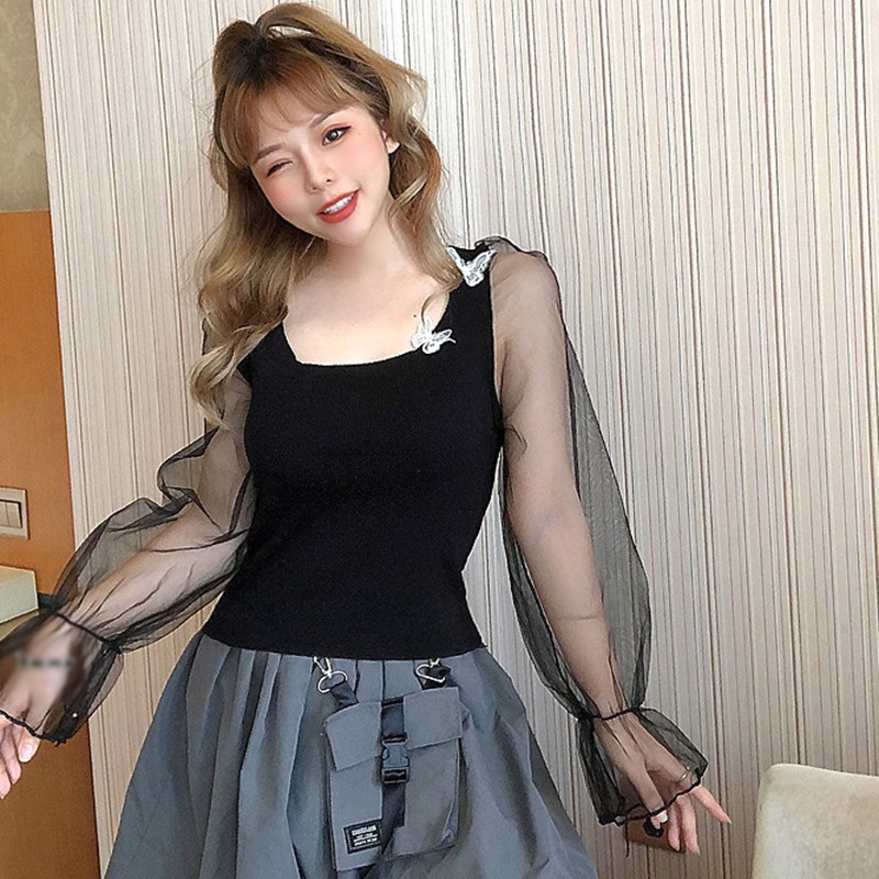 

Women T shirt Sweet Mesh Square Collar Tops With Applique Knitted Long Sleeve Tops Solid Stitching Puff Sleeve Casual T Shirt