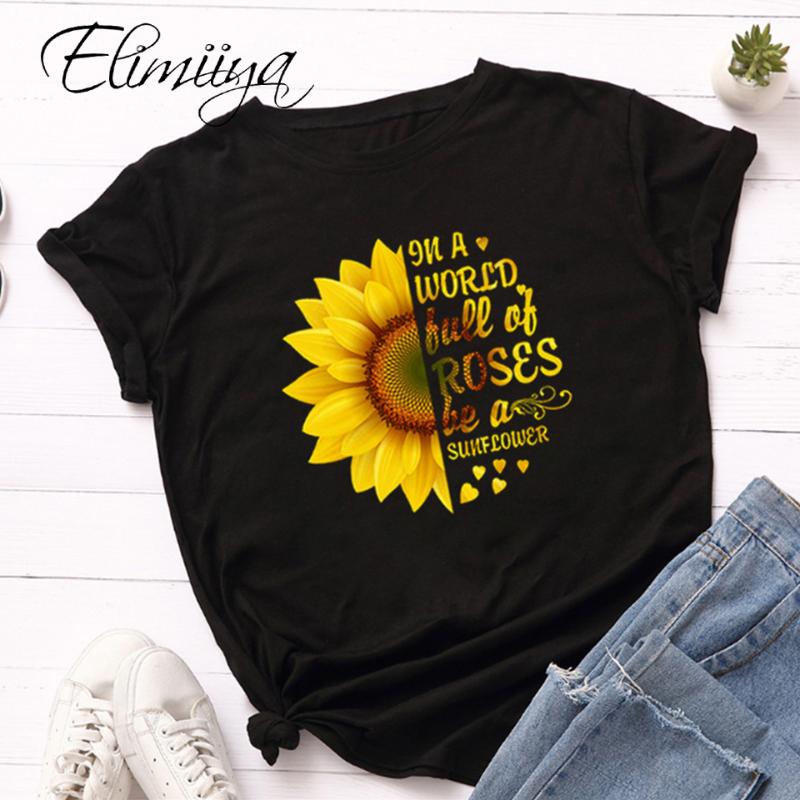 

Elimiiya Graphic Tee Summer Sun Flower print O-Neck Short Sleeve Losse T Shirt Women Oversize tshirts Cotton Tshirt Plus Size, Qh grey