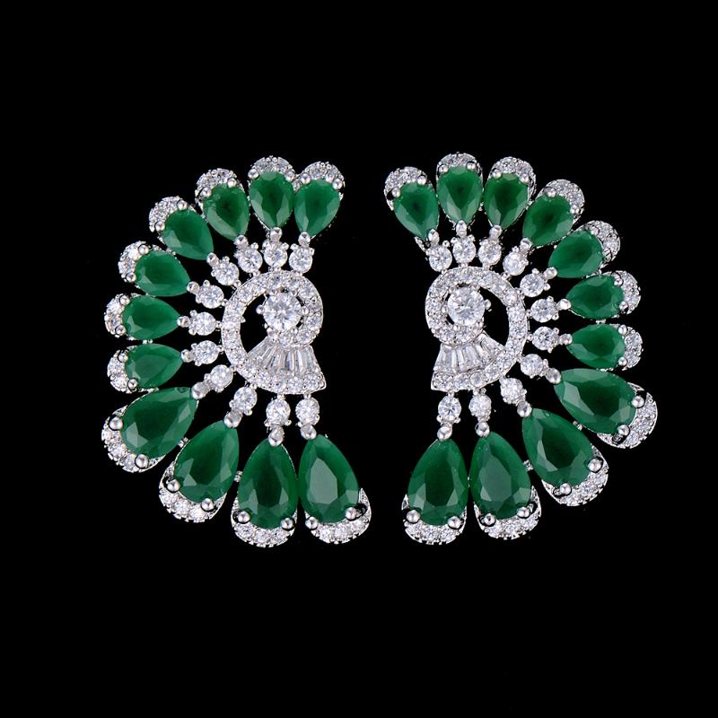 

Women Unique Half Round Fans Shape Waterdrop Full CZ Stud Earrings For Bridal Engagement Earrings Jewelry