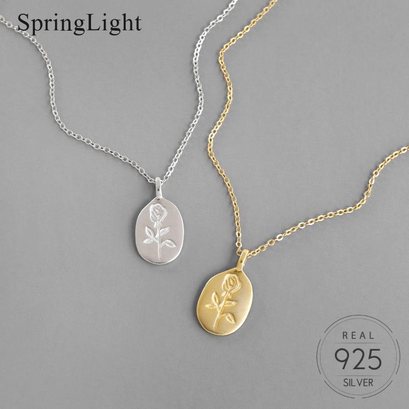 

Springlight Elegant Rose Round Tag Pendant Necklace Real 925 Sterling Silver Creative Handmade Fine Jewelry Necklaces for Women