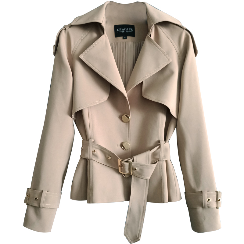 

Black khaki Women Jacket 2020 Spring Autumn New Slim Turn down collar Belt Short Outerwear Plus size Solid Casual Female Coat