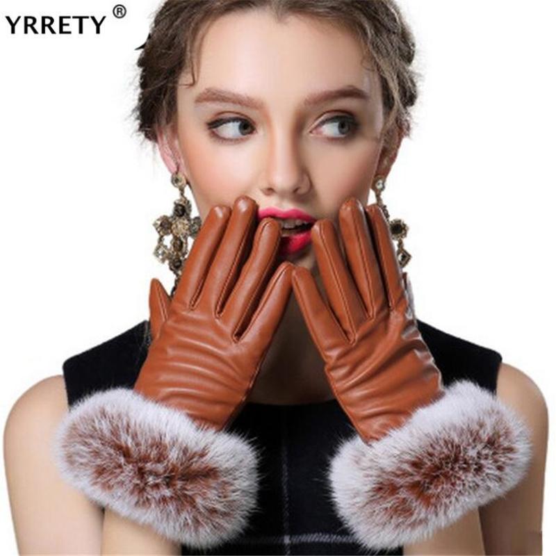

YRRETY Fashion Winter Women Outdoor Casual Gloves Leather Plush Windproof Full Finger Wrist Mittens Lady Warm Fur Glove