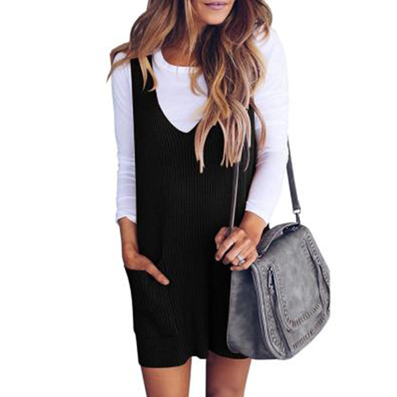 

2020 New Autumn and Winter Women' Fashion Knitted V-Neck Strap Solid Midi Dress Short Dresses Clothes Casual Sleeveless Tank, Black
