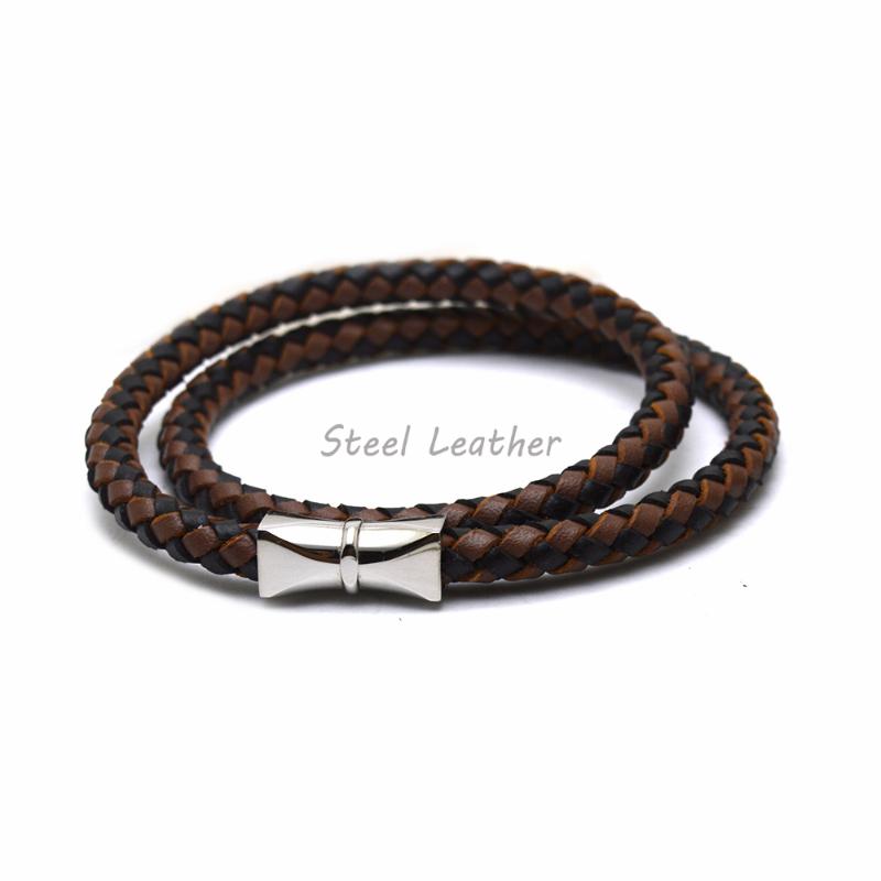 

5pcs/lot engrave logo Genuine Braided Leather Bracelet Men Women Stainless Steel Clasp Male Bracelets Bangles Gift Jewelry Sale