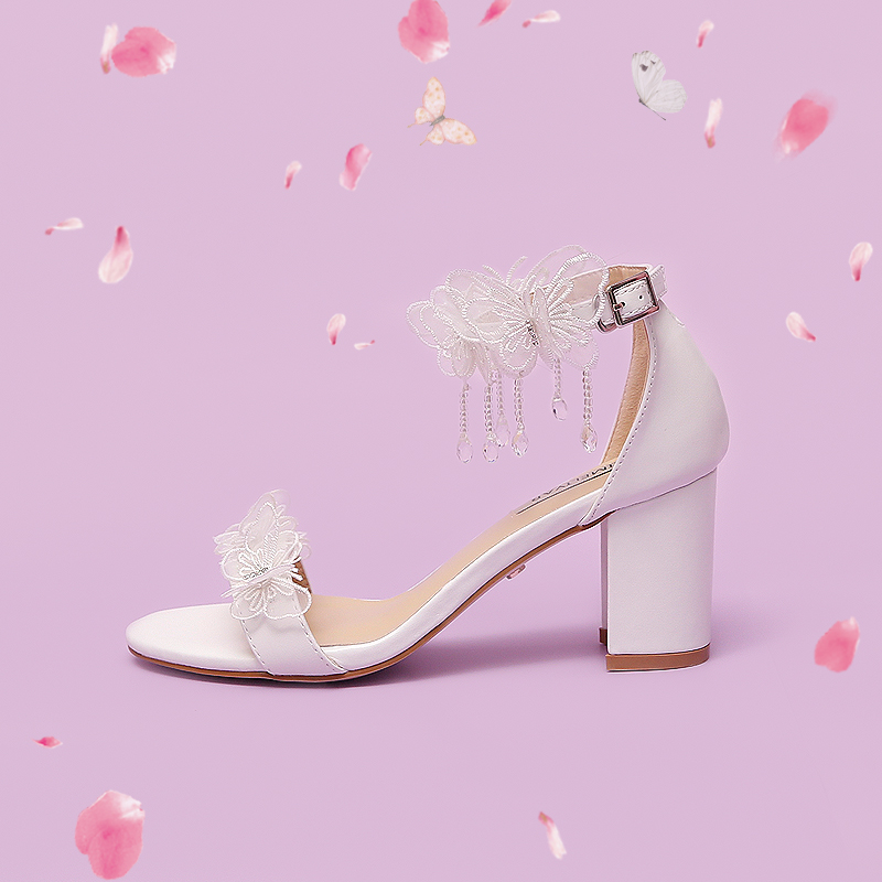 

Summer New Chiffon Butterfly Fairy Girl Chunky Heel Sandals Size Straight Line Buckle Student's Shoes Mori Sweet, 4.5cm