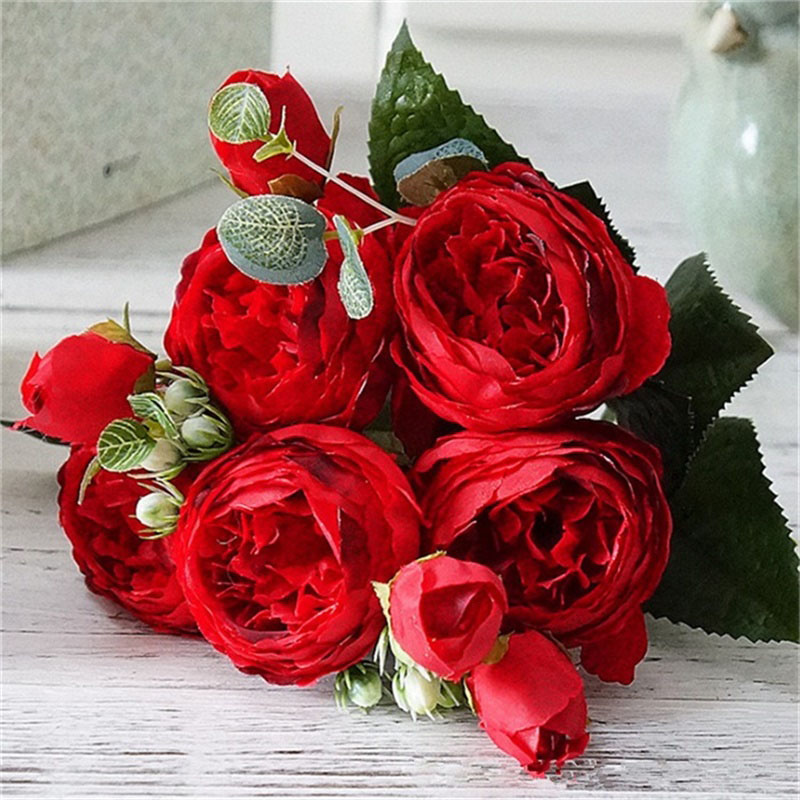 

5 Heads Cheap Artificial Silk Peony Flower Bouquet For Home Arrange Table Wedding Decoration Party Accessory Fake Flowers, Purple