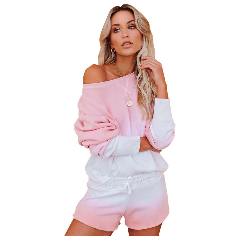 

2020 Sping New Women' Casual Loose Shorts Long-Sleeved Top Two-Piece Sports Wear Home Service Gradient Comfortable Suit, Pink