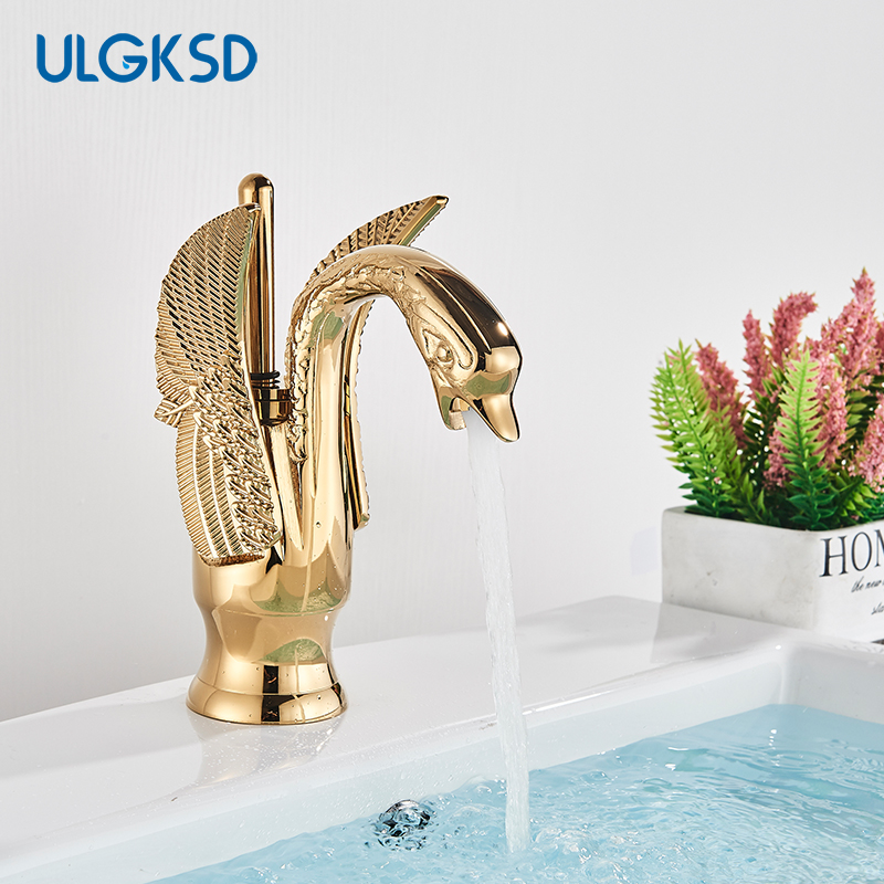 

Luxury Golden Swan Shape Brass Bathroom Basin Sink Faucet Hot Cold Water Basin Mixer Tap Deck Mounted Chrome Swan Faucet