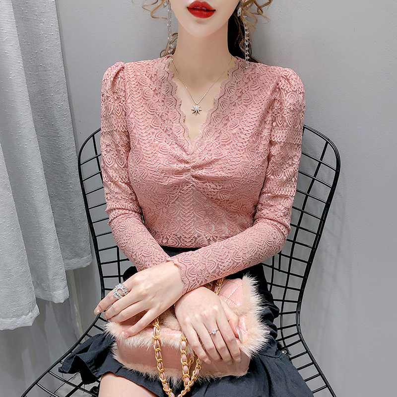 

Fashion chic Slim Solid Lace T Shirt Woman Winter T-Shirt Tee Autumn Casual All-match Bottoming Tshirts Harajuku Female Tops, White