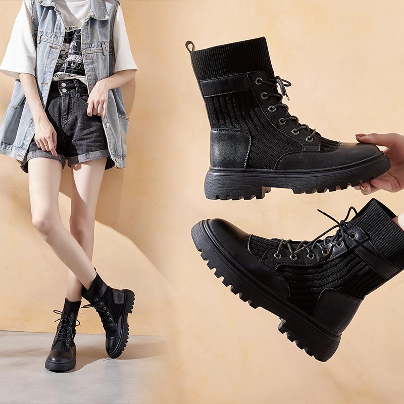 

autumn korean style martin boots flying weaving pattern low heel short boots genuine leather casual versatile women shoes, Black