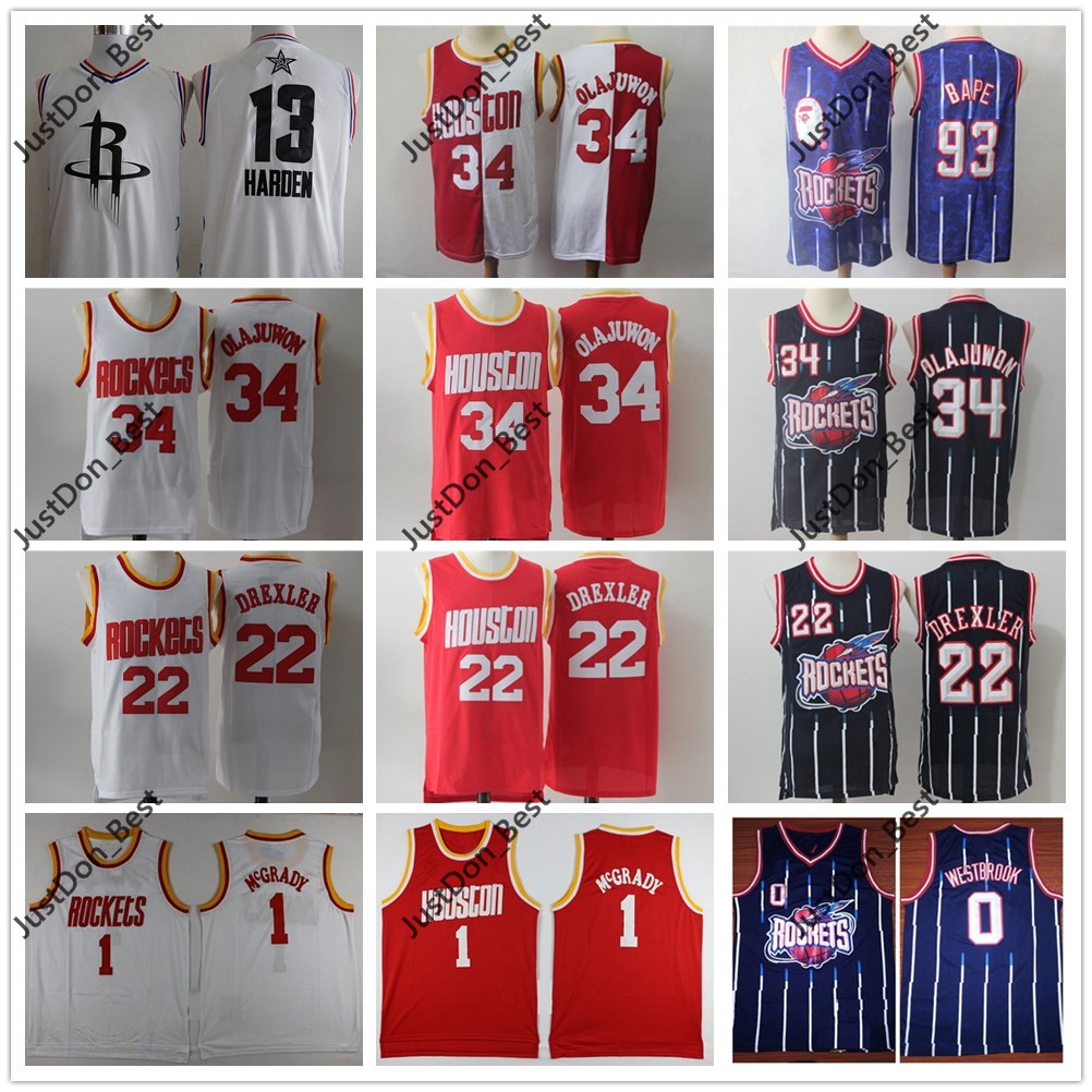 

Mens Youth Kids Russell Westbrook Swingman Clyde Drexler Basketball Jersey James Harden Tracy McGrady Stitched Shirts, Black;red