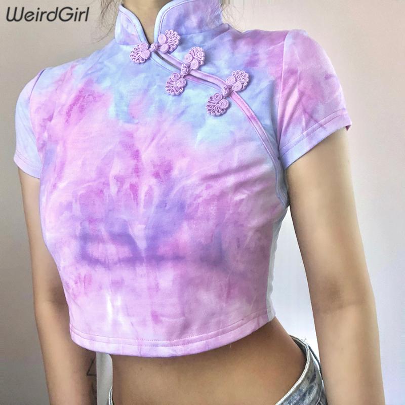 

Women Tie-dye Dazzling Retro T-shirts Show Navel Short Sleeve Summer Crop Top Slim Female Soft Knitted Fabric Tees Harajuku Tops, Purple