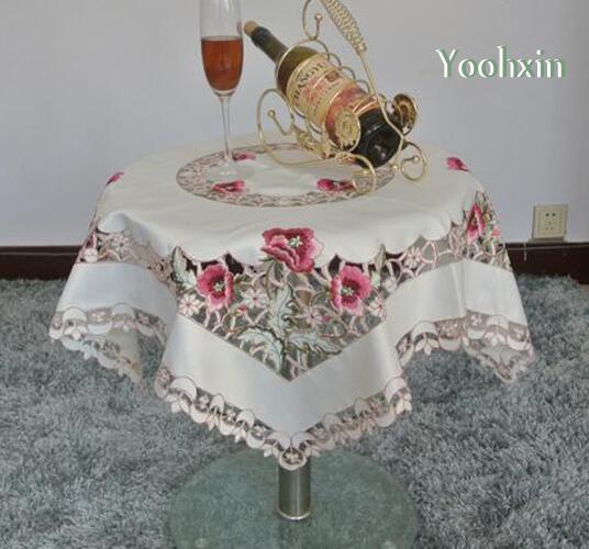 

Modern square Satin Tablecloth mantel nappe embroidered white lace Table Cover cloth kitchen dining Christmas Wedding Decor