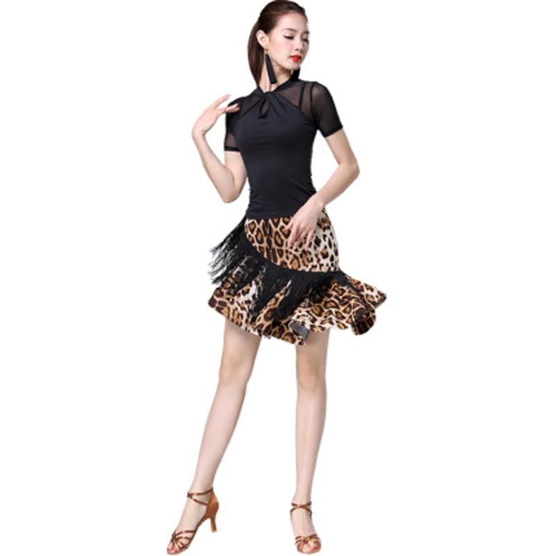 

Latin dance costume female adult new practice clothes sexy mesh gown top tassel fishbone skirt suit, Black