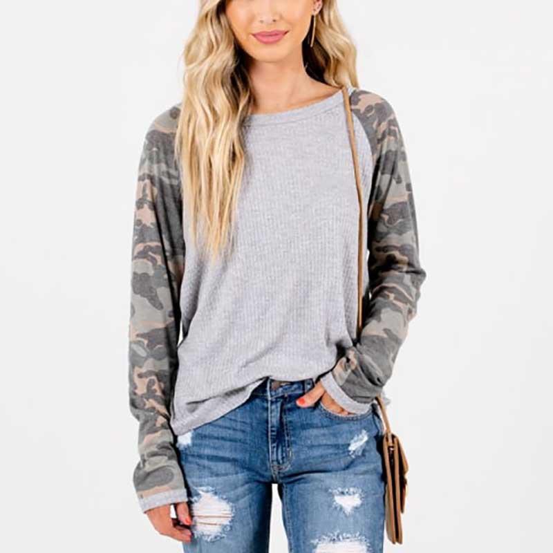 

Womens Designer Tshirts Fashion Pullover Crew Neck Long Sleeve Womens Tees Casual Females Clothing Camouflage Print Panelled, Gray