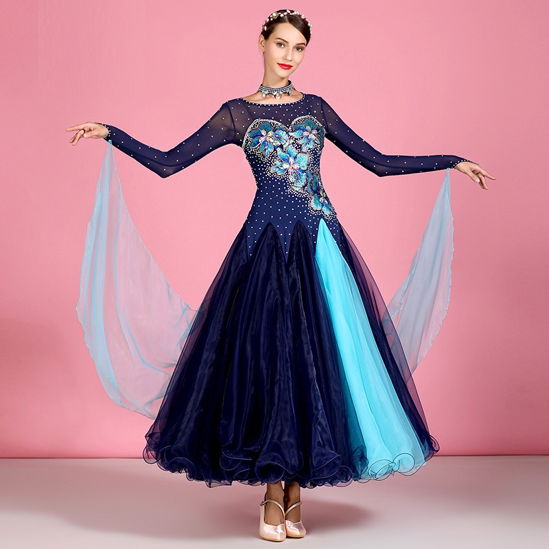 

2020 Standard Ballroom Dance Dresses Waltz Dress for Ballroom Dancing Tango Dance Costume Long Sleeves Sequins Dress for Women, Blue