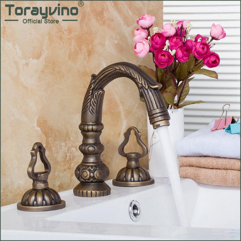 

Torayvino Bathroom Bathtub Faucet Antique Brass Basin Sink Deck Mounted Faucets 3 Pcs Double Handle Hot And Cold Mixer Water Tap