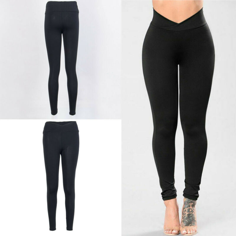

Women Leggings Bodybuilding Fitness Skinny Gym Sports Exercise Yoga Long Pants Sexy High Waist Yoga Tights, Black