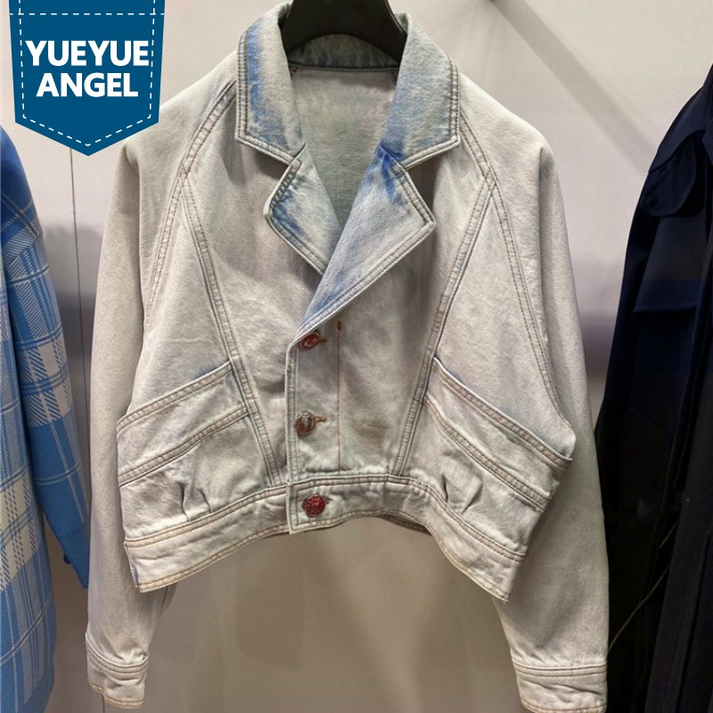 

Street Lapel Loose Washed Vintage Short Denim Coat Female Fashion Single Breasted Straight Cowgirl Jacket Light Blue Outwear