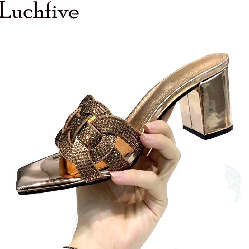 

Diamond Slippers Women Gold Bling Bling Chunky Heel Designer Sandals 2020 Summer New Arrival Red Black Leather Mules Shoes Women, Pink shiny leather