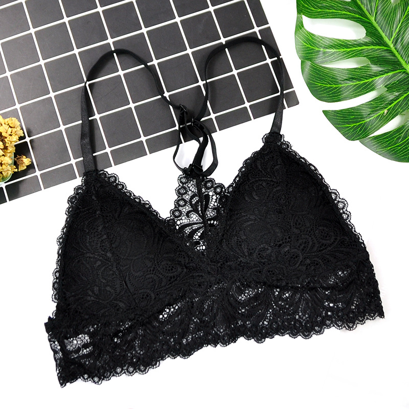 

Women French Style Triangle Cup Bralette Seamless Deep V Lace Bra Wireless Thin Underwear Famale Sexy Lingerie Soft Bra, Black