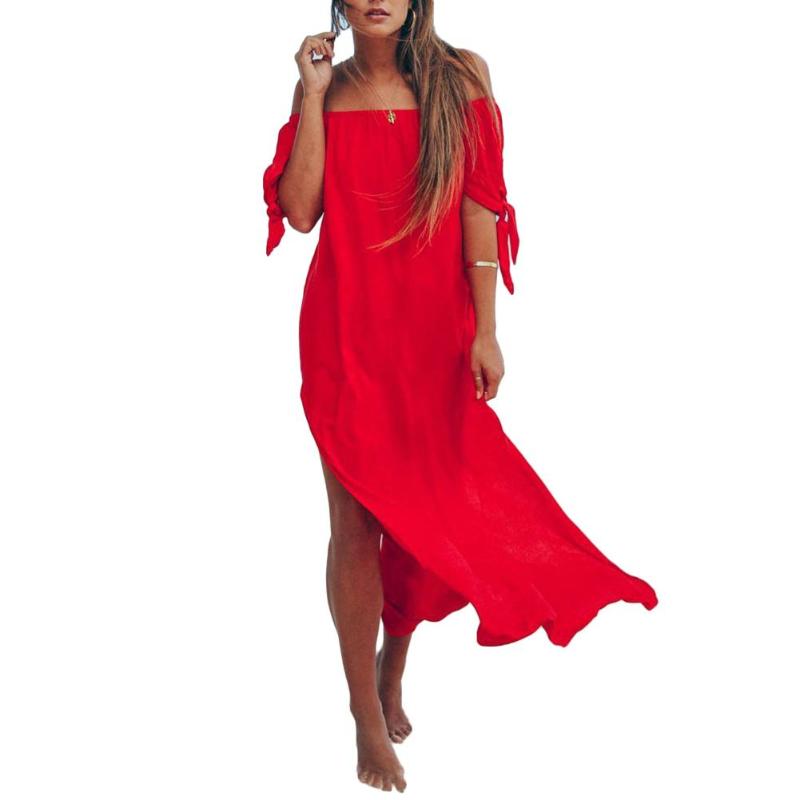 

Women Solid Color Off Shoulder Tied Cuff Side Slitting Chiffon Beach Long Dress Cool beach comfortable cheap Clothes, Black