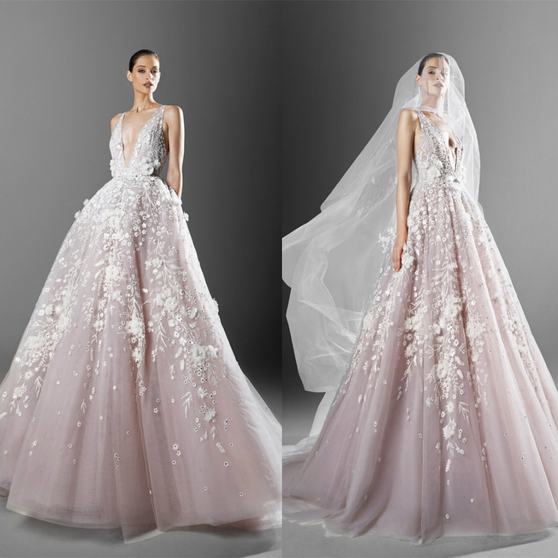 

Zuhair Murad 2021 Wedding Dresses Deep V Neck Lace Appliques Bridal Gowns Custom Made Sweep Train Modern A-Line Wedding Dress, Pink