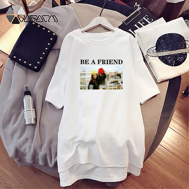 

Women Summer Dresses DIY Dress Womens Letter & Girl Character Pattern Printed Dress Women Diy Crew Neck Long Tshirts Loose Dresses, White