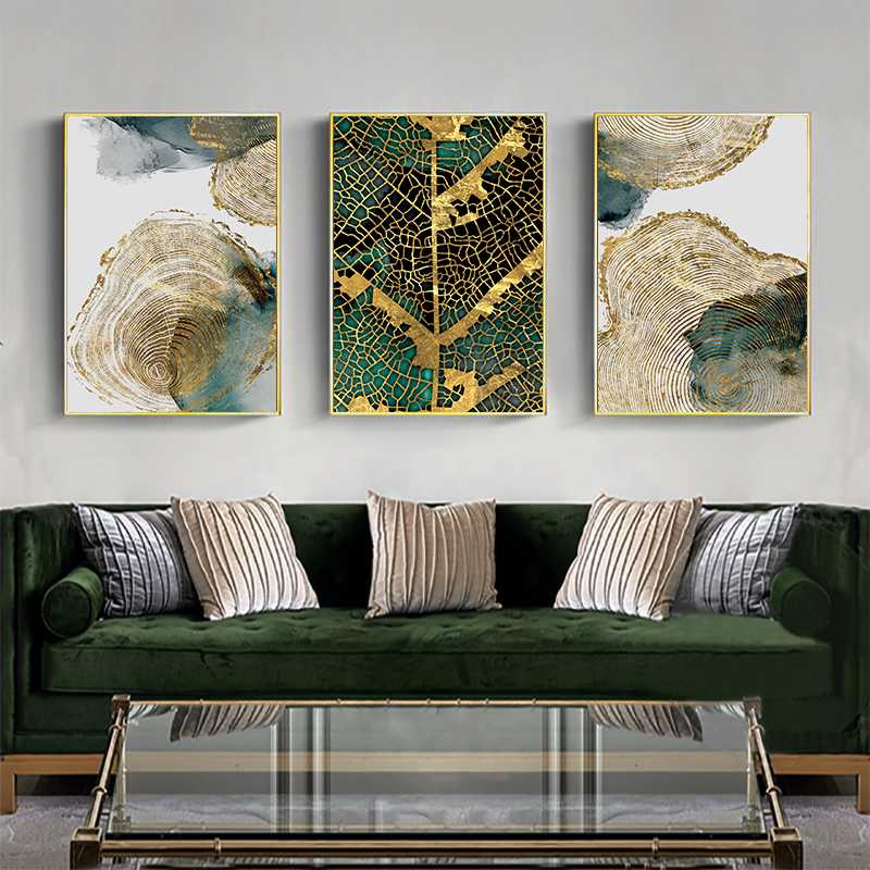 

Modern Abstract Canvas Painting Golden Green Leaf Texture Nordic Posters and Prints Wall Art Pictures for Living room Home Decor